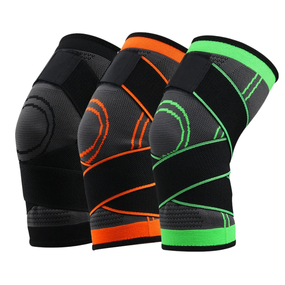 Set of Knee Compression Support Sleeves in Black, Orange & Green for Pain Relief and Active Lifestyle