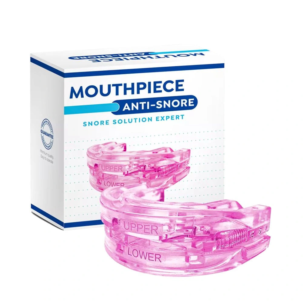 Pink anti snore mouth guard displayed for nightly use