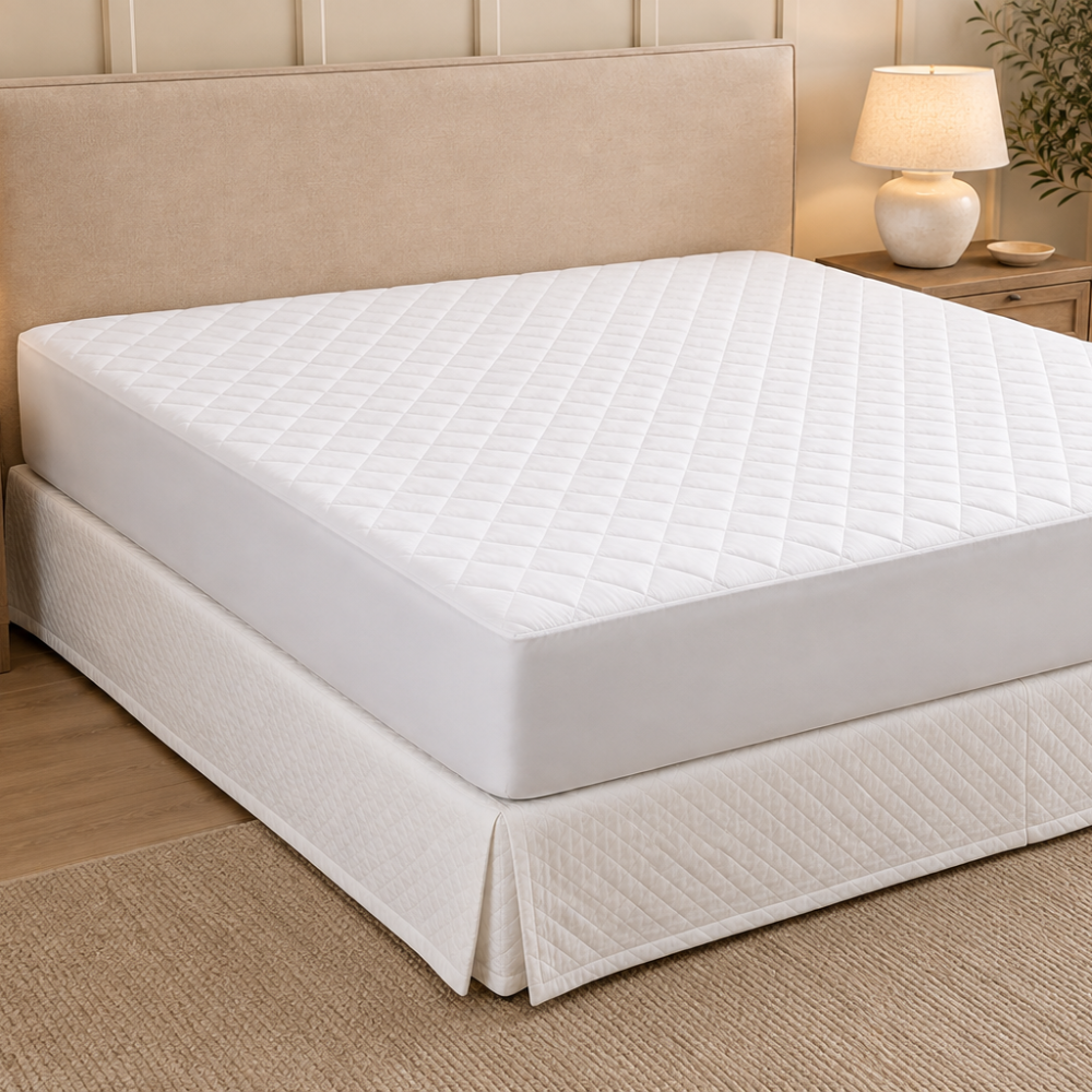 Premium cotton mattress protector fitted to a modern bedroom setting