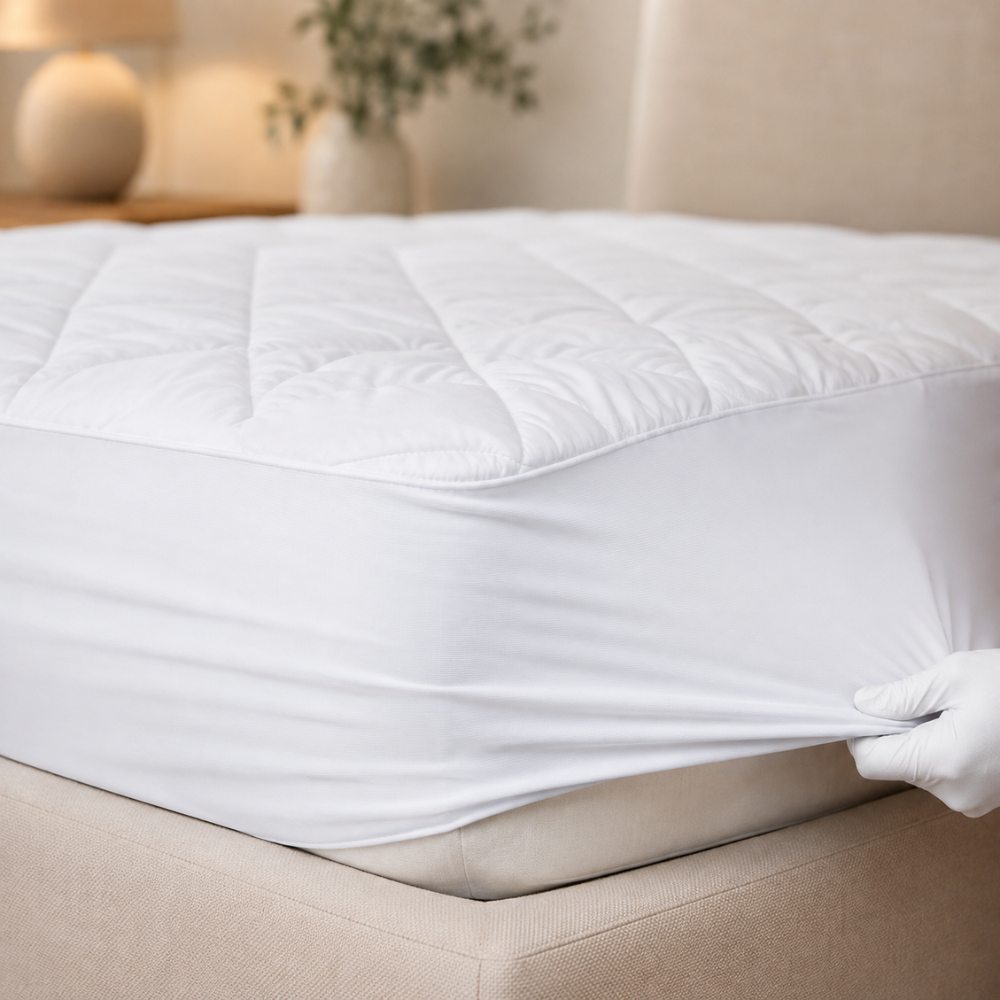 Fully fitted mattress protector securely fitted over a deep mattress