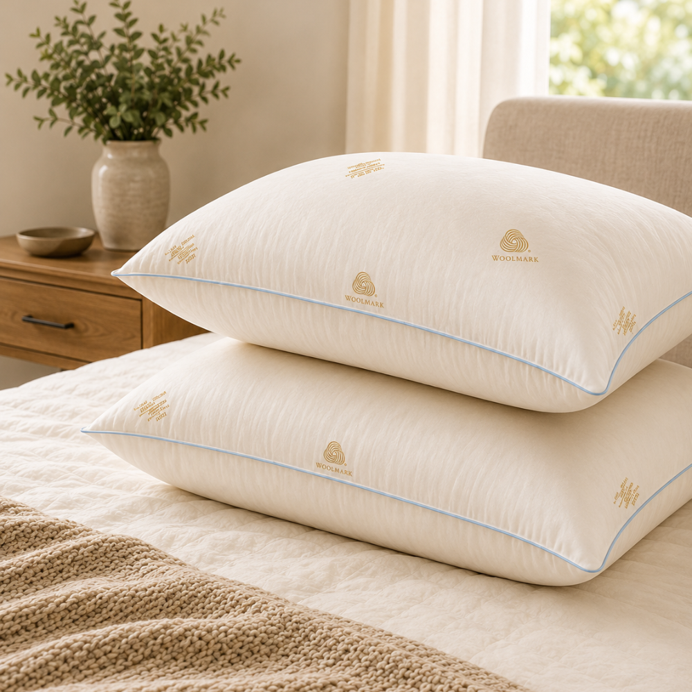 Australian made Merino wool pillow twin pack on bed with Woolmark certified design and breathable comfort