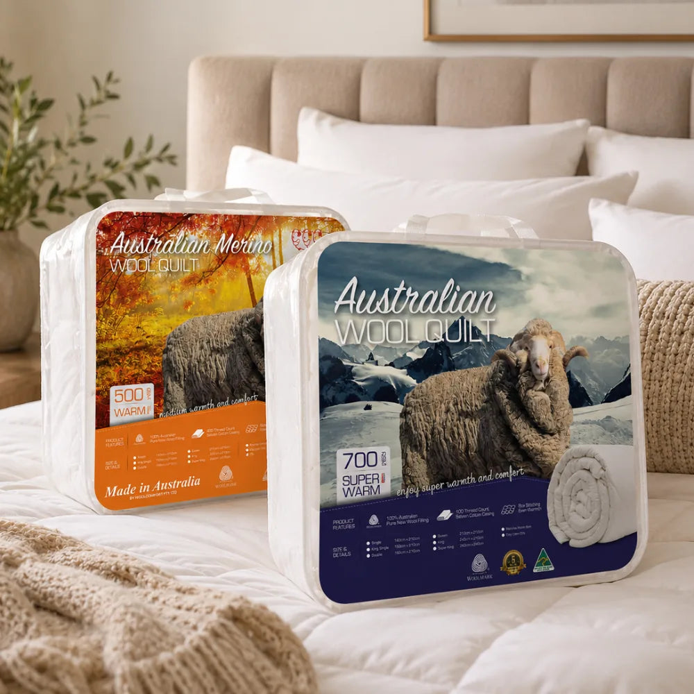 Australian Made Merino Wool Quilt available in 500GSM and 700GSM warmth options