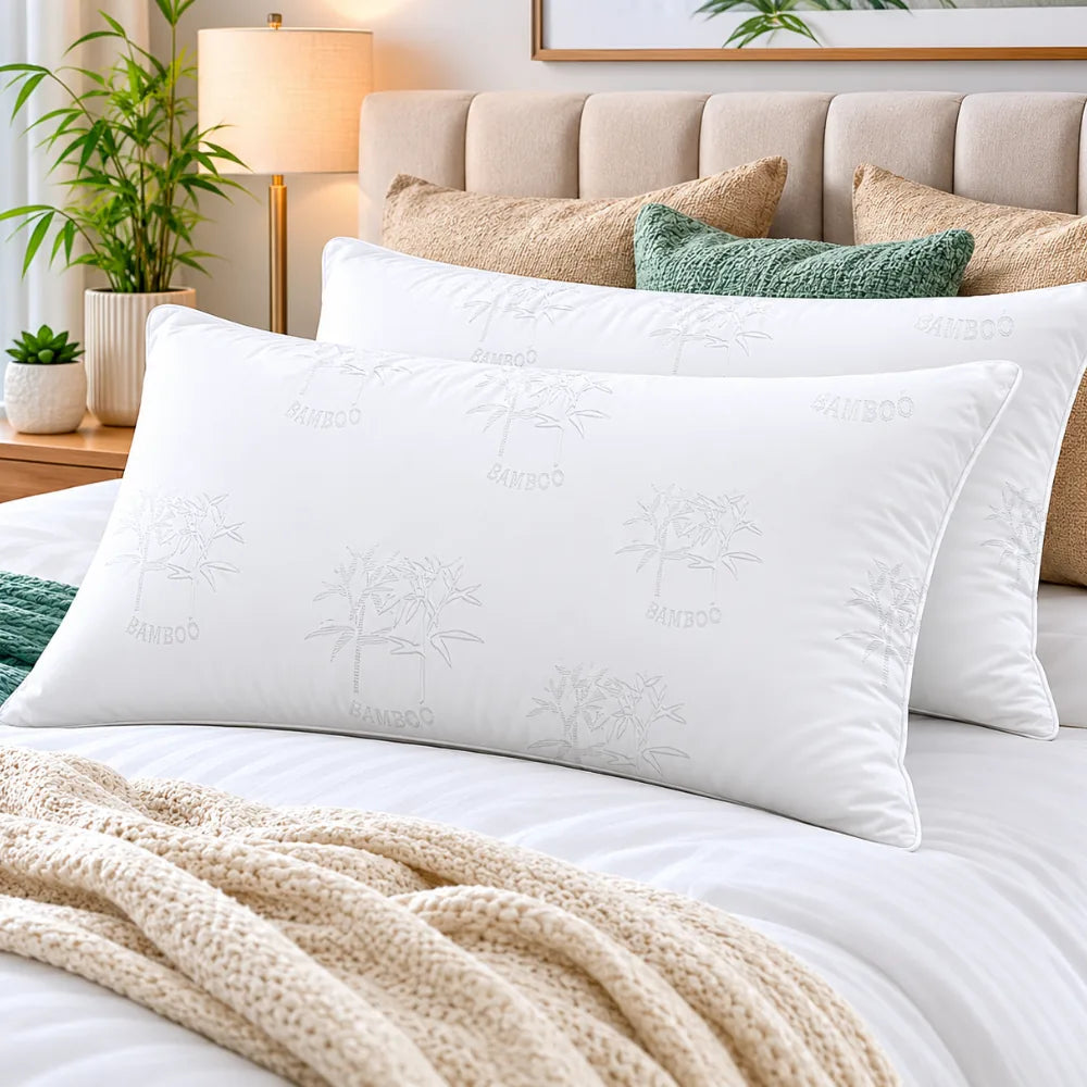 Soft bamboo cooling pillow styled on a luxury bedroom bed