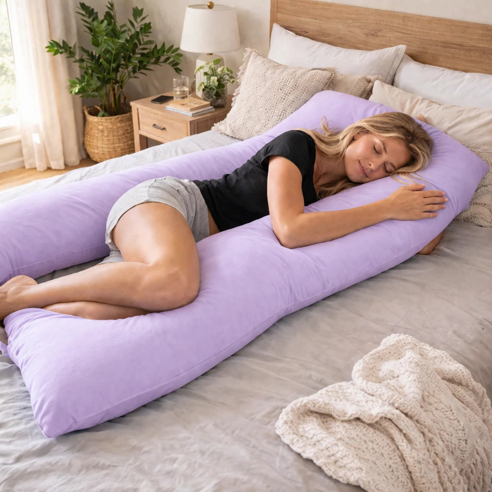 woman sleeping on lilac pillow for full body comfort