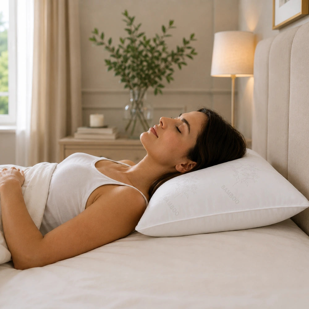 Woman resting on breathable bamboo pillow in premium bedroom