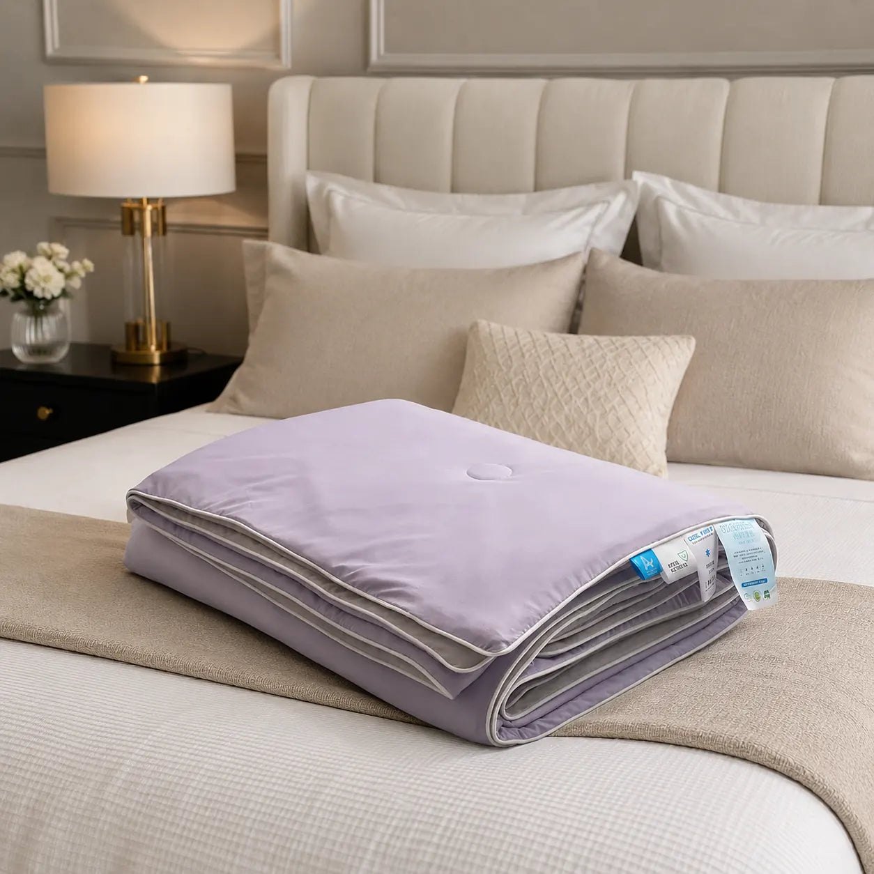 Lavender Haze cooling blanket folded neatly on a luxury bed