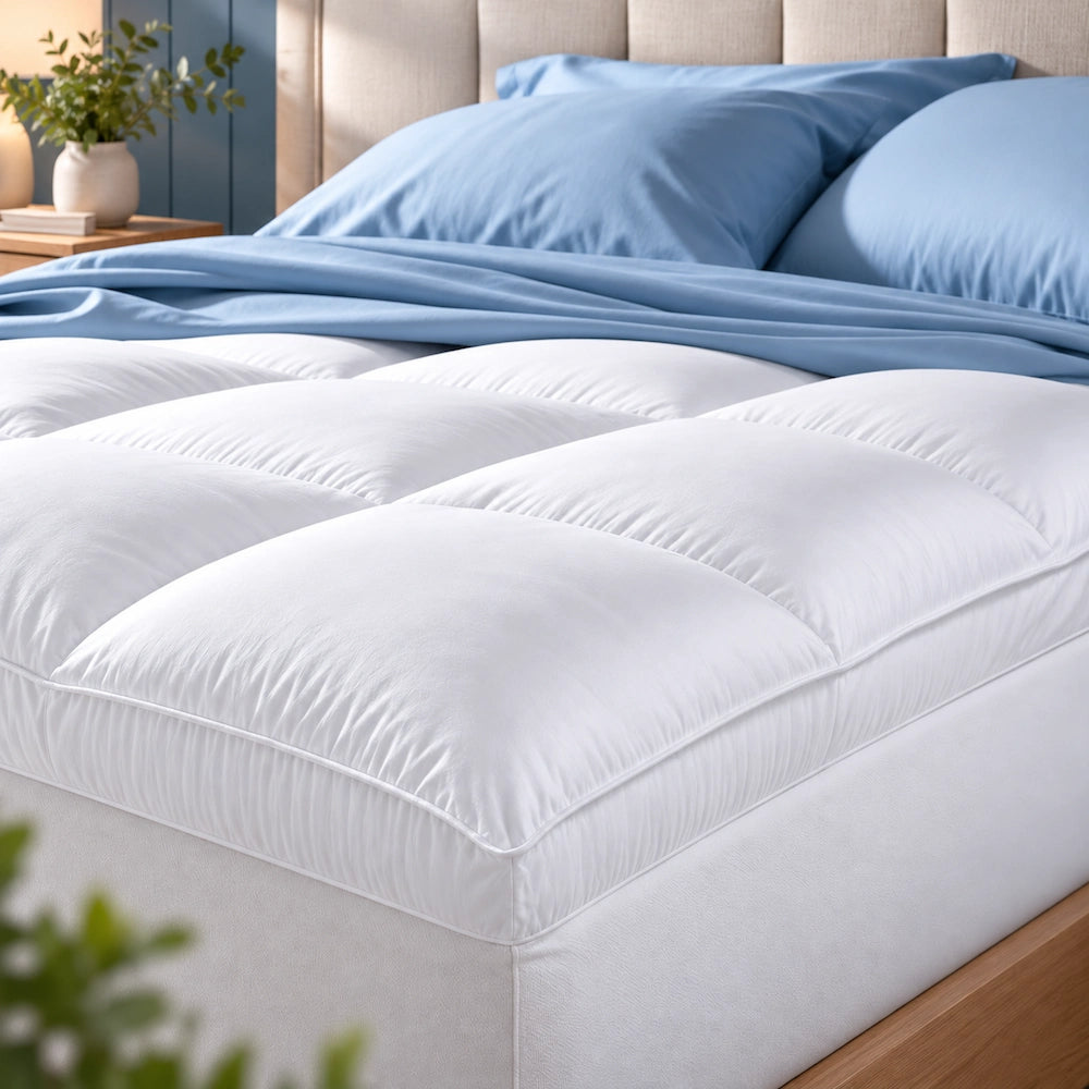 White CoolMax mattress topper with plush quilted cushioning and blue bedding