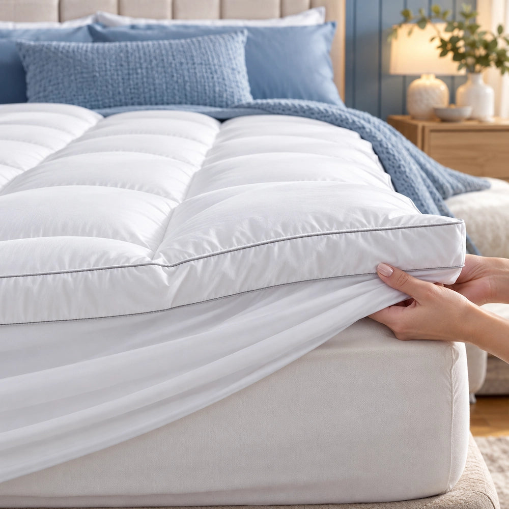 CoolMax mattress topper with deep fitted skirt being secured over a mattress