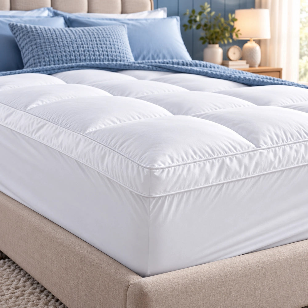 CoolMax mattress topper fitted securely over a mattress with plush quilted cushioning