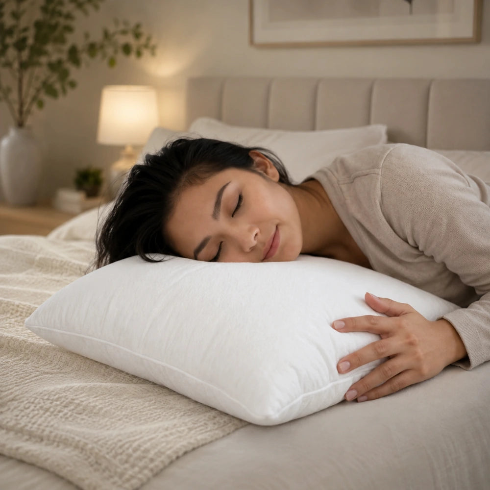 Woman sleeping comfortably on a white DreamCool cooling pillowcase