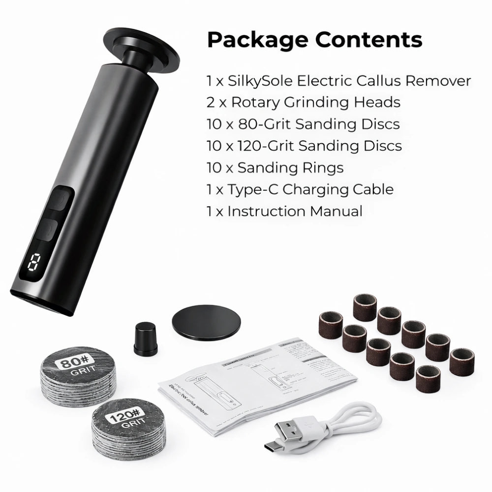 electric callus remover kit with sanding discs and accessories laid out
