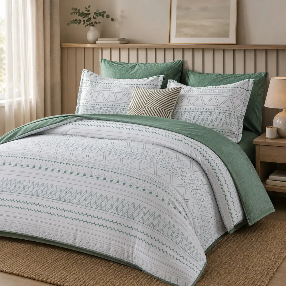 HorizonGeo Coastal Green 3 Piece Comforter Set styled in a premium bedroom