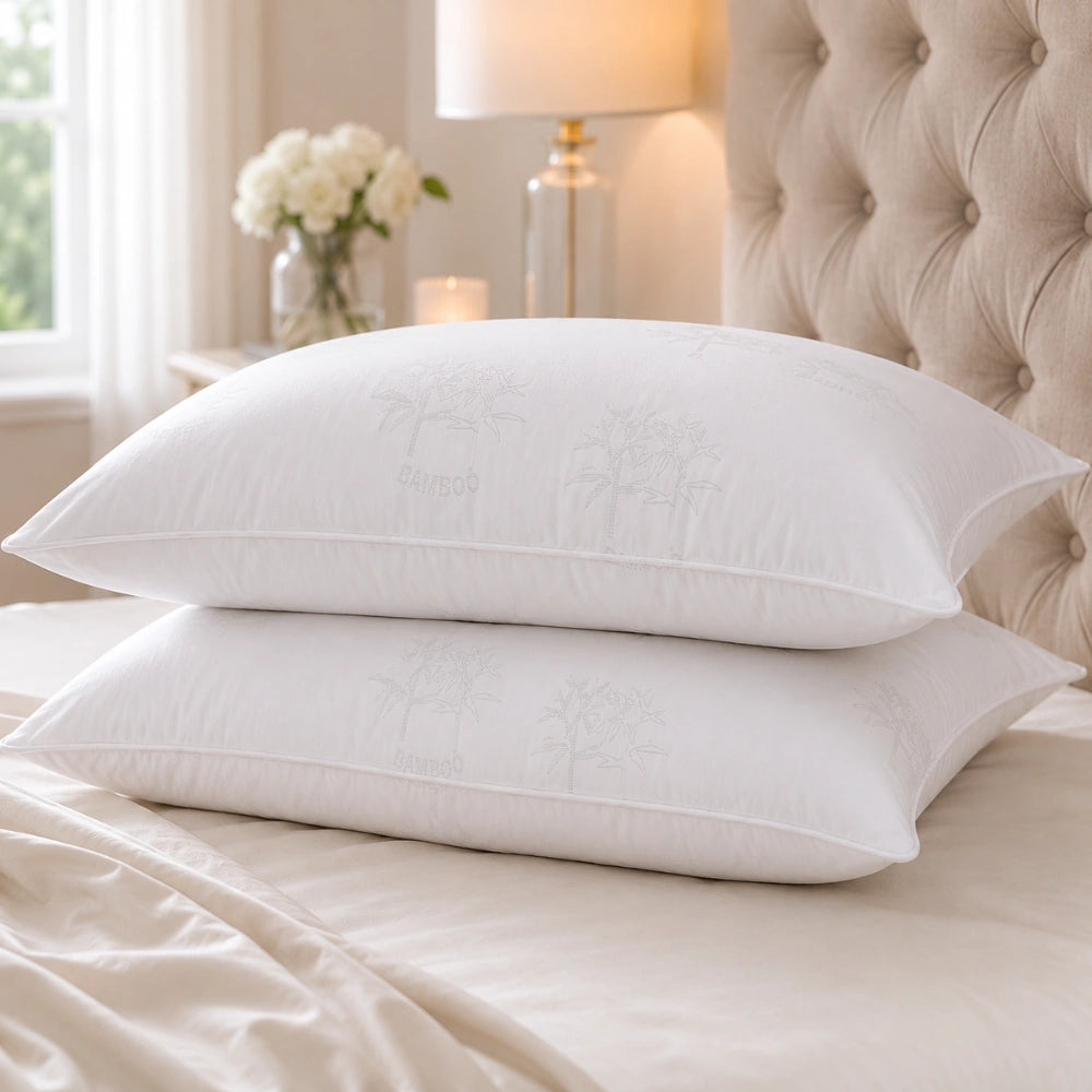 Stacked hotel quality pillows on bed with soft luxury styling