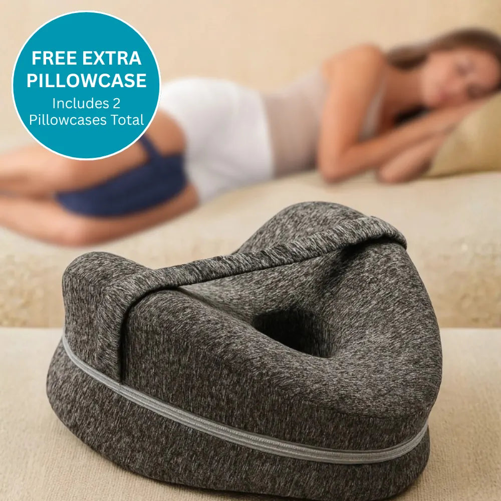 knee pillow with strap supporting leg alignment for side sleepers
