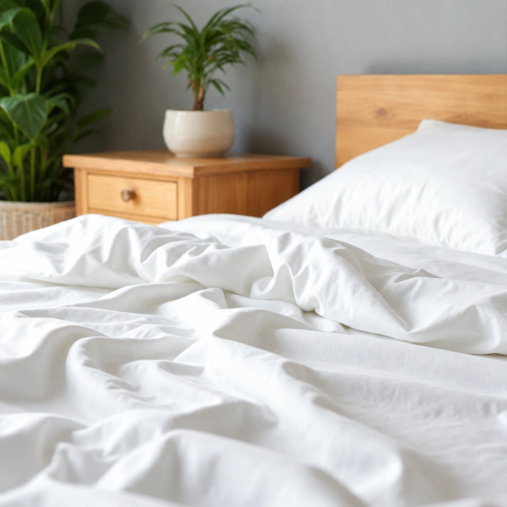 Luxury bed sheets styled in modern neutral bedroom setting