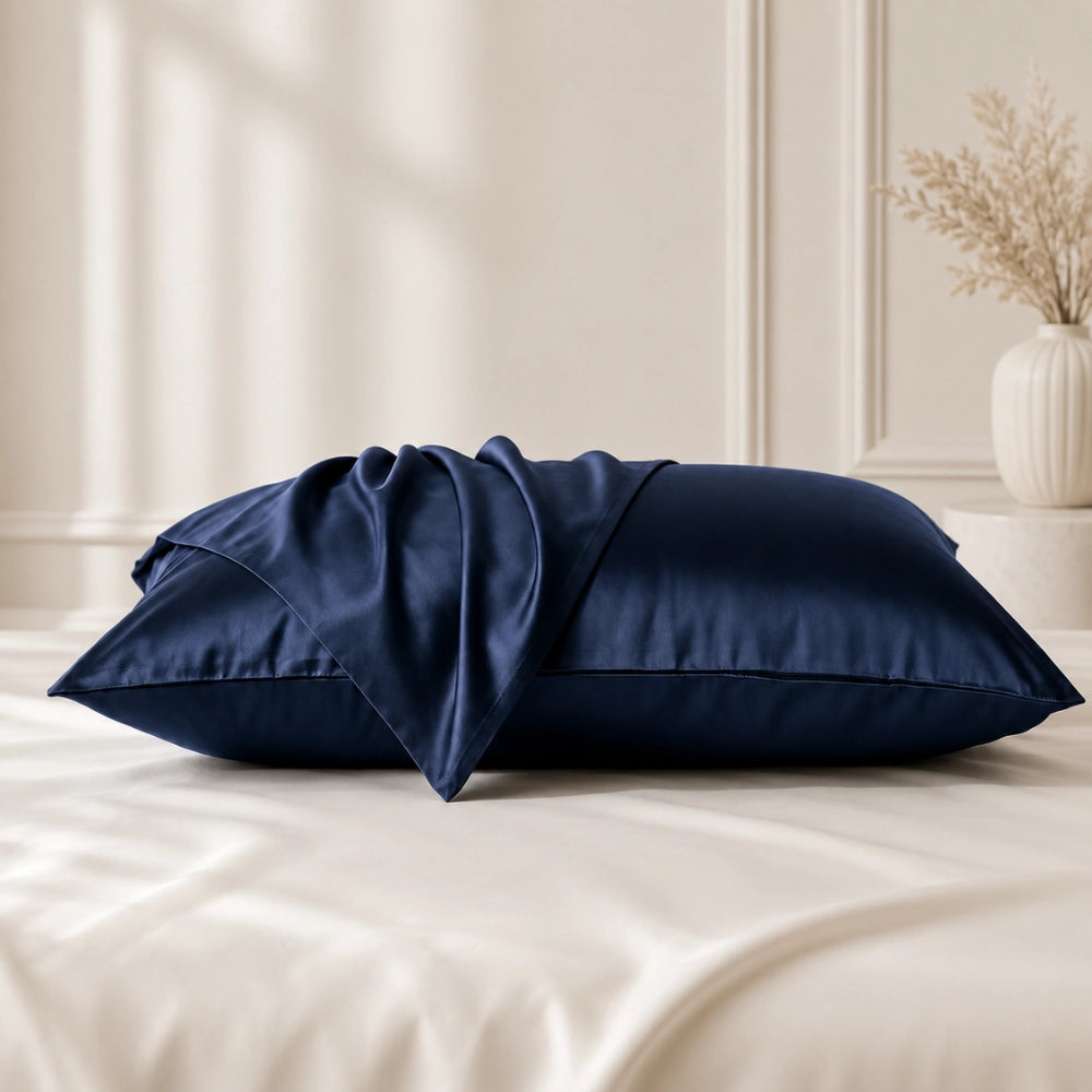 Navy silk pillowcases styled on a bed with silk pillowcases