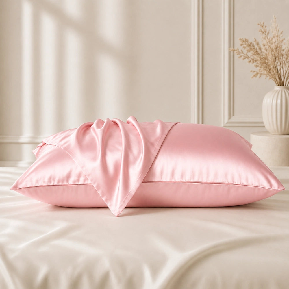 Pink silk pillowcases displayed on a bed with mulberry silk pillowcases