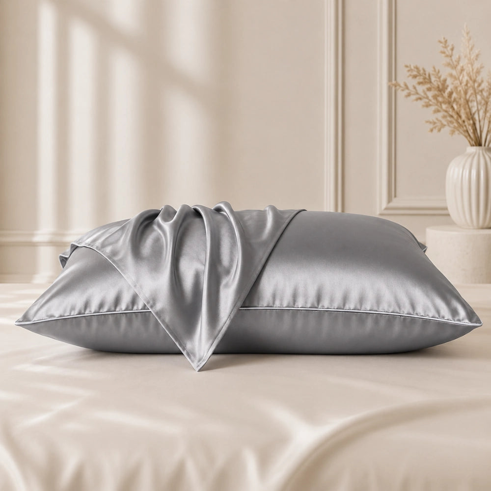 Silver silk pillowcases styled on a bed with premium silk pillowcases