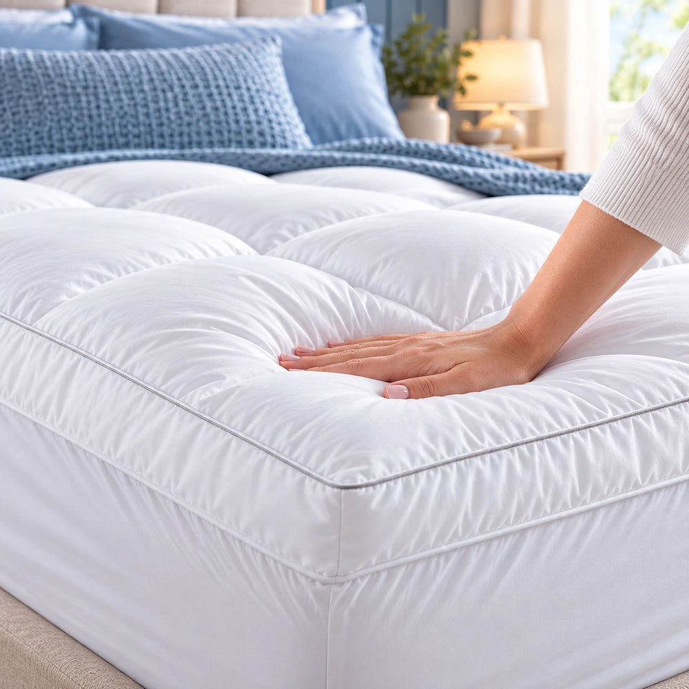 Plush CoolMax mattress topper pressed by hand to show its soft cushioned comfort