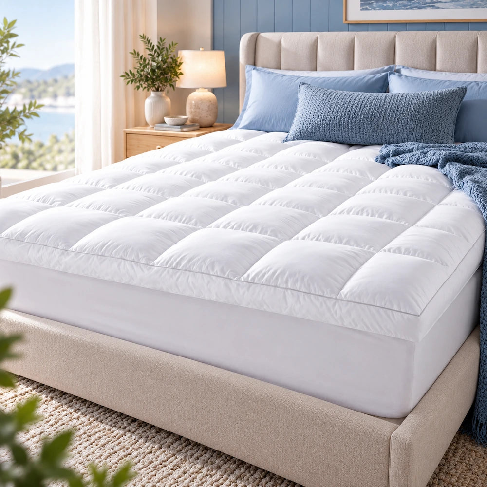 Plush CoolMax mattress topper styled on a premium bed with blue bedding