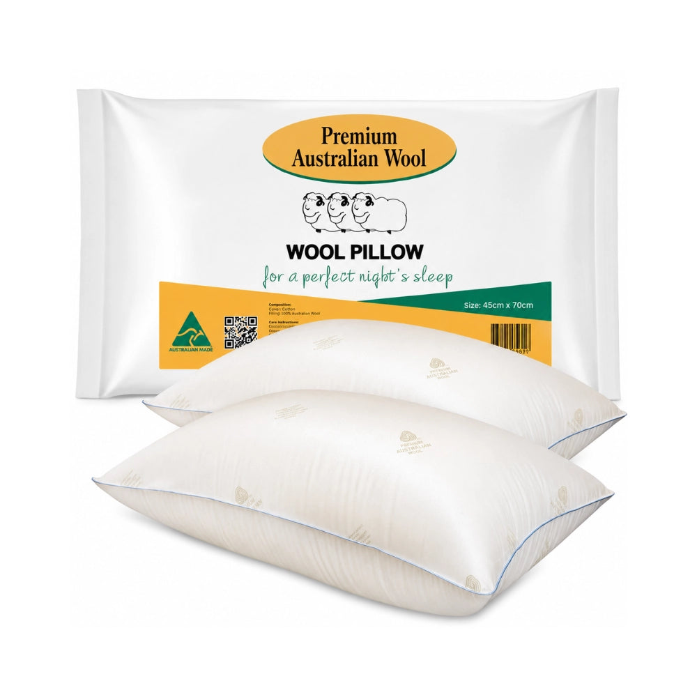 Packaged pillow set with premium Australian wool pillow branding