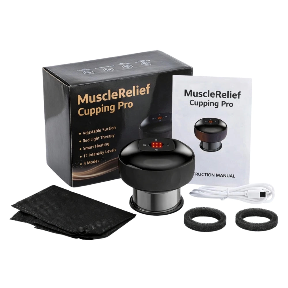 Black smart device shown with full cupping therapy kit contents