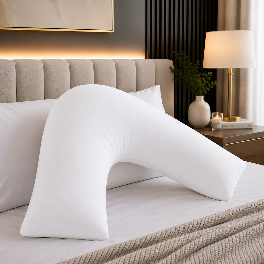 White V shape pillow case styled on a luxury bed with breathable cotton comfort