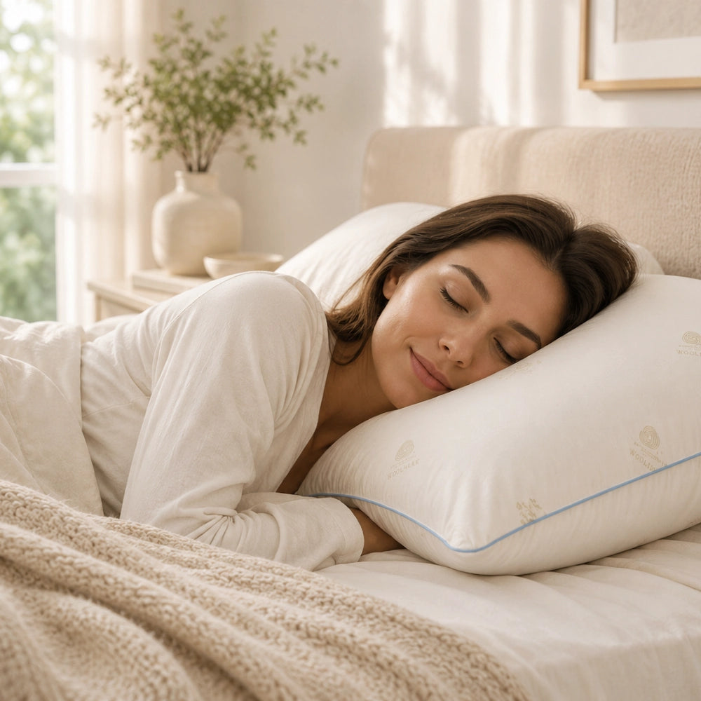 Woman sleeping peacefully on Woolmark certified Australian wool pillow