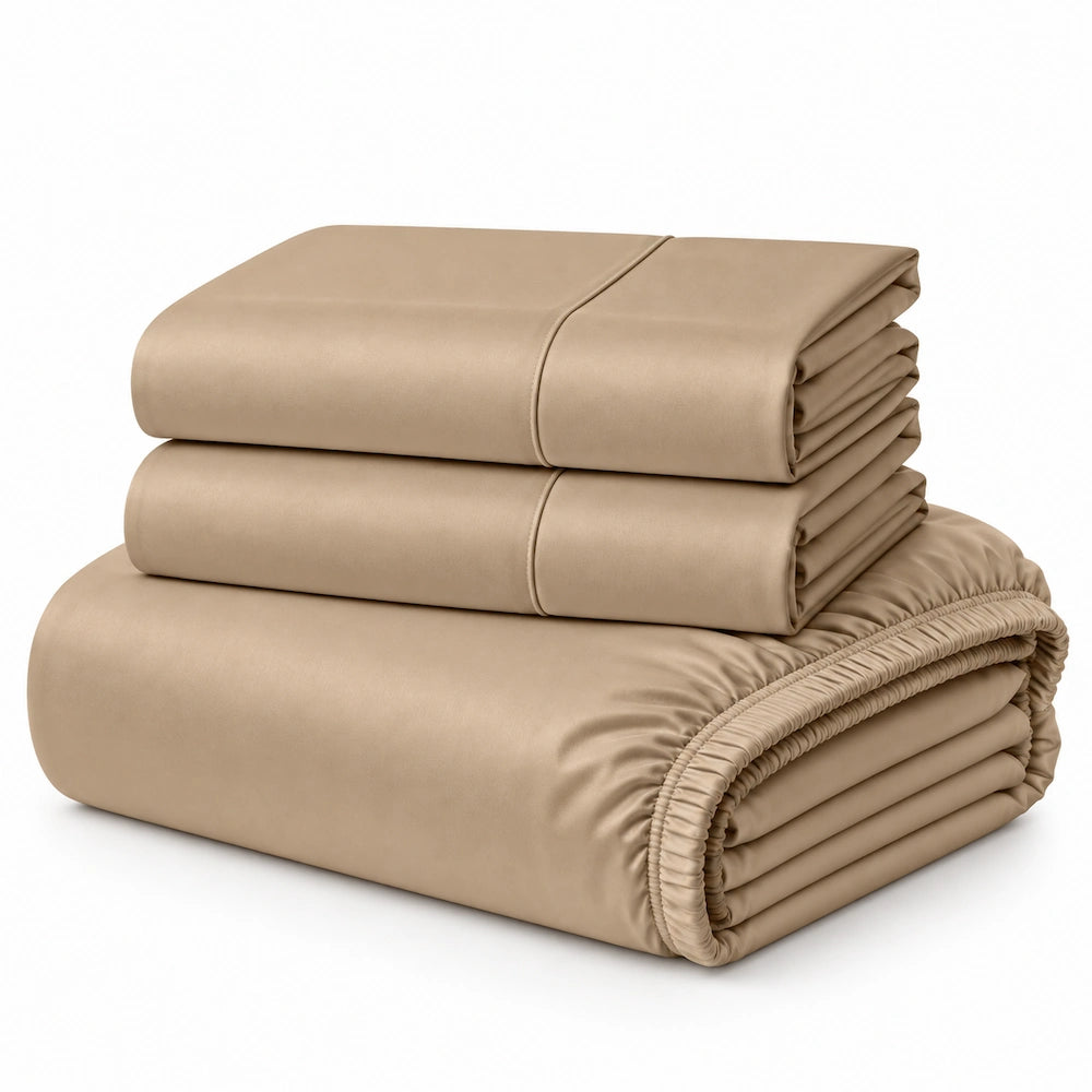 Biege 1000TC Egyptian cotton sheet set neatly folded with pillowcases