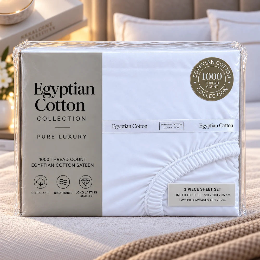 White 1000TC Egyptian cotton sheet set presented in premium packaging