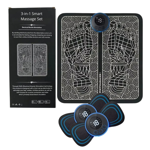 3-in-1 Smart EMS Massage Set with Foot Mat, Muscle Stimulator Pads for Legs, Arms, and Back