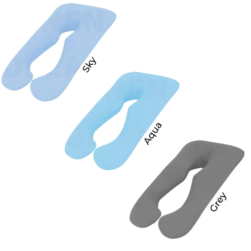 BodyHaven U-shape body pillow colour options shown in grey sky blue and aqua for comfort and style