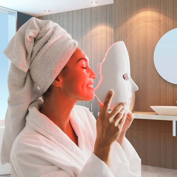 Professional-grade LED light therapy mask Australia, designed for anti-aging, acne reduction, and skin renewal. LuxeGlow 7 in 1 technology.