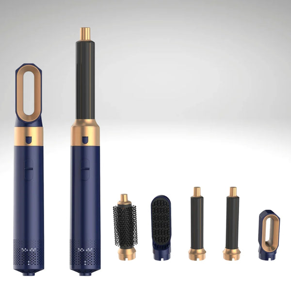 SilkFlow Air 5-in-1 Hair Styler in Royal Sapphire with five interchangeable styling attachments shown