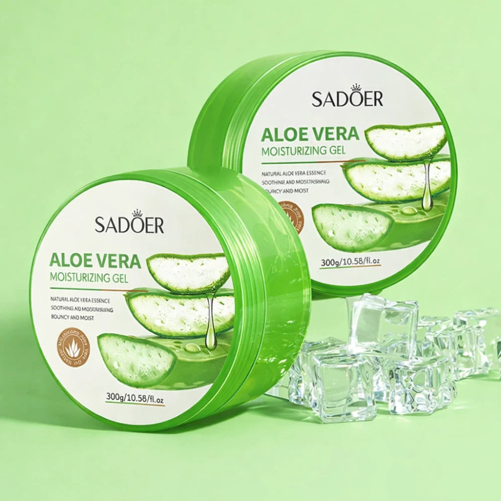 two green jars beside ice cubes highlighting cooling skincare aloe vera gel
