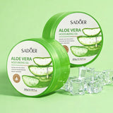 two green jars beside ice cubes highlighting cooling skincare aloe vera gel