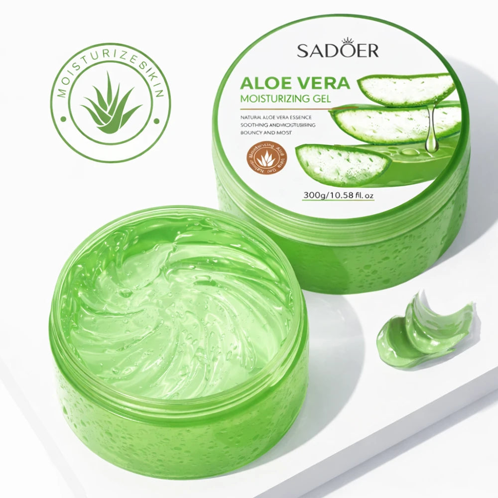 open jar showing smooth gel texture beside lid on display stand aloe vera gel