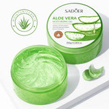 open jar showing smooth gel texture beside lid on display stand aloe vera gel