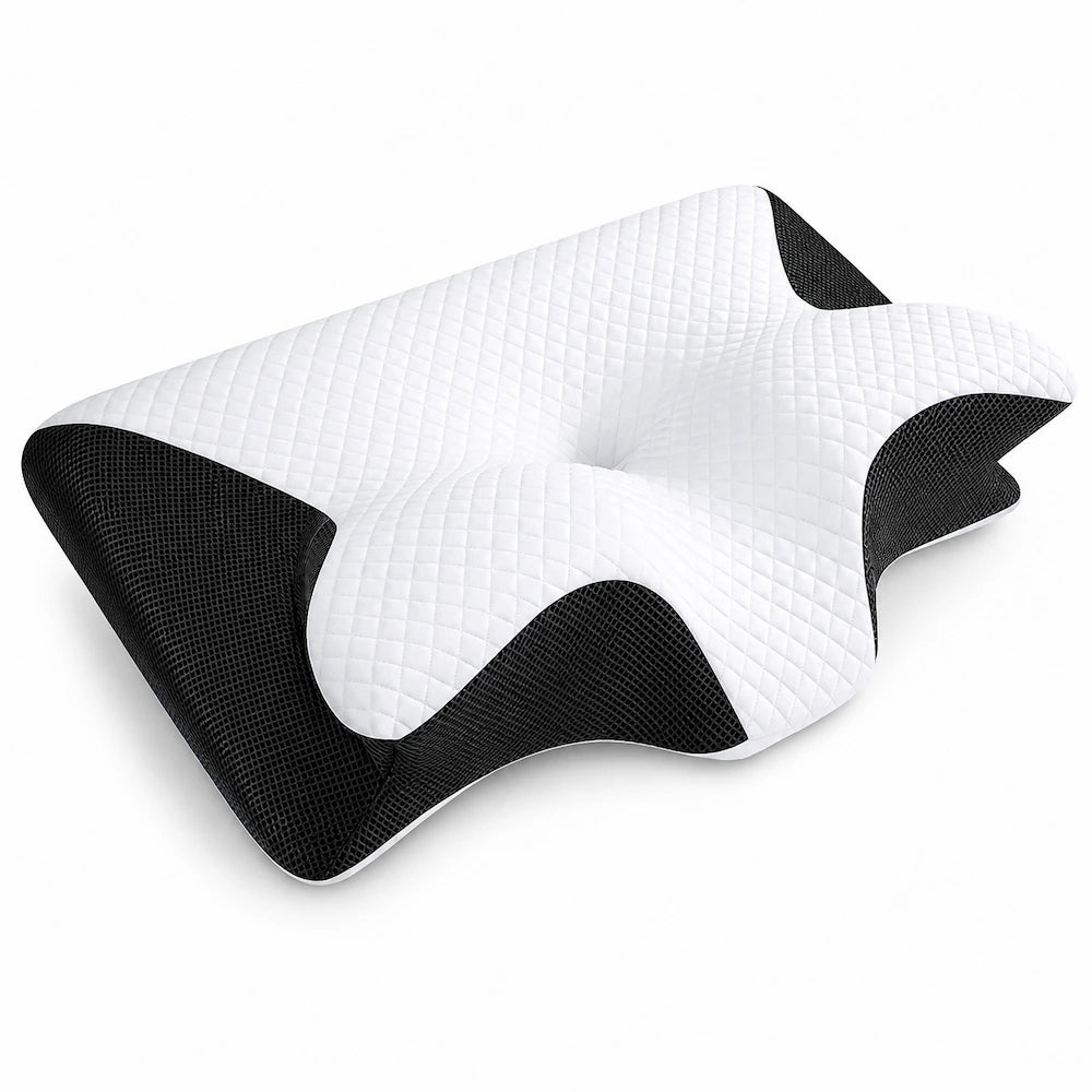 Anti Snoring Pillow in Black with ergonomic contour shape, breathable mesh panels and cervical neck support.
