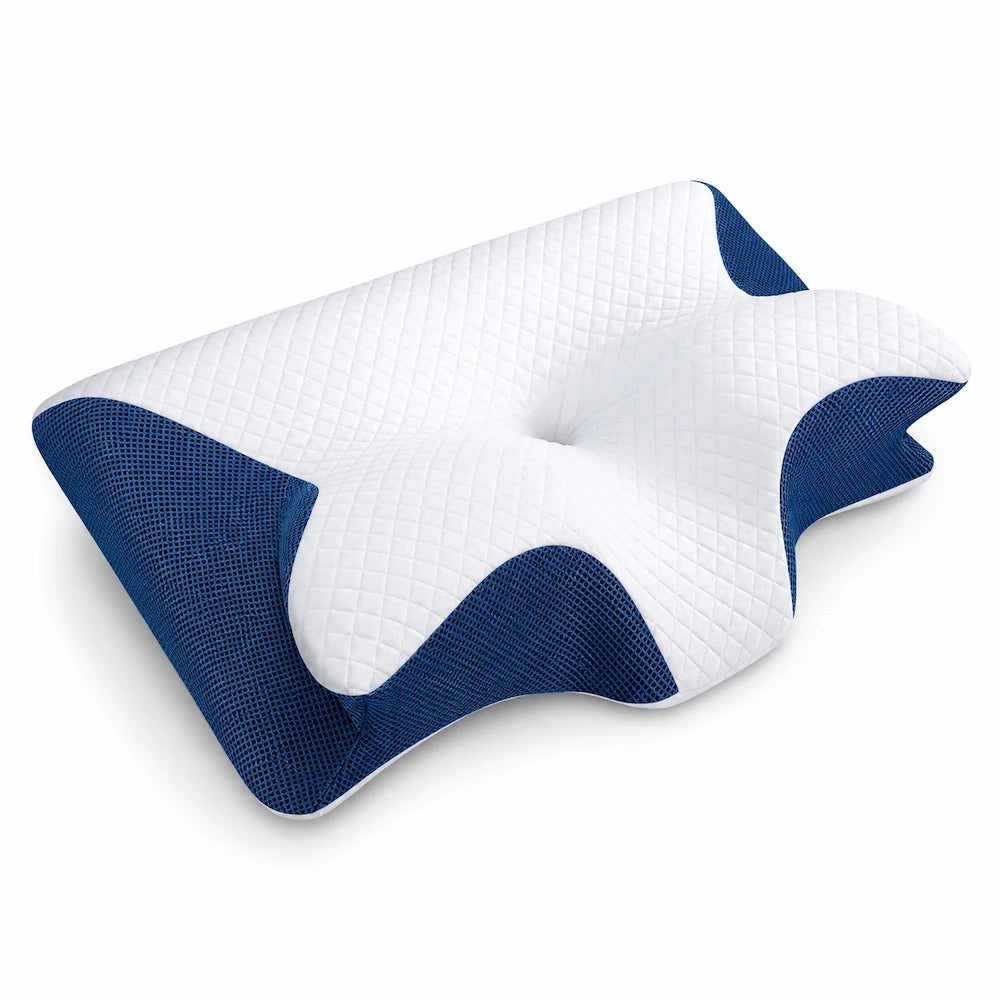 Anti Snoring Pillow in Blue featuring an ergonomic contour design with breathable mesh panels and neck support.