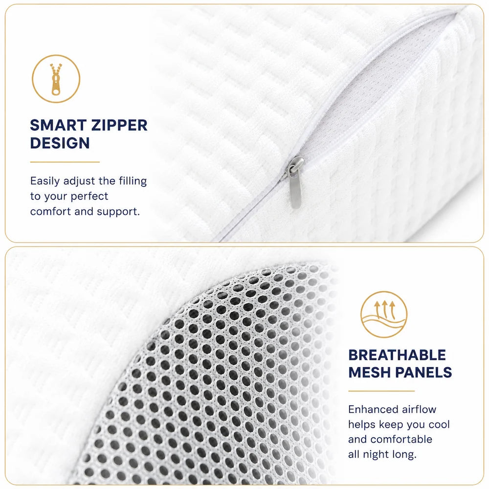 Anti Snoring Pillow with a breathable mesh cover, skin-friendly fabric and adjustable zipper for cooler, more comfortable sleep.