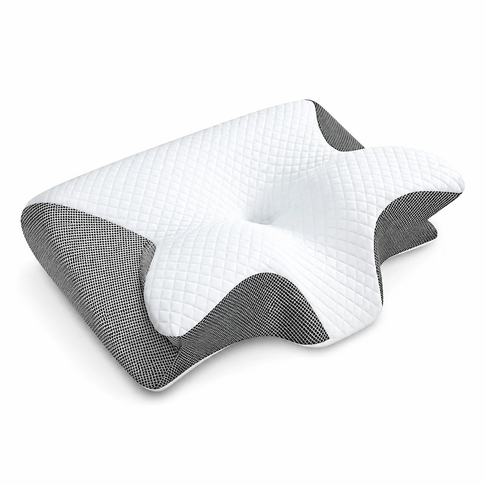 Anti Snoring Pillow in Grey with ergonomic contour design, breathable mesh panels and cervical neck support.