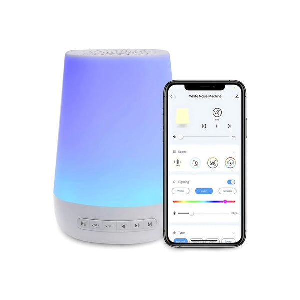 White noise machine with mobile app control, light customization, and sound options for better baby sleep.