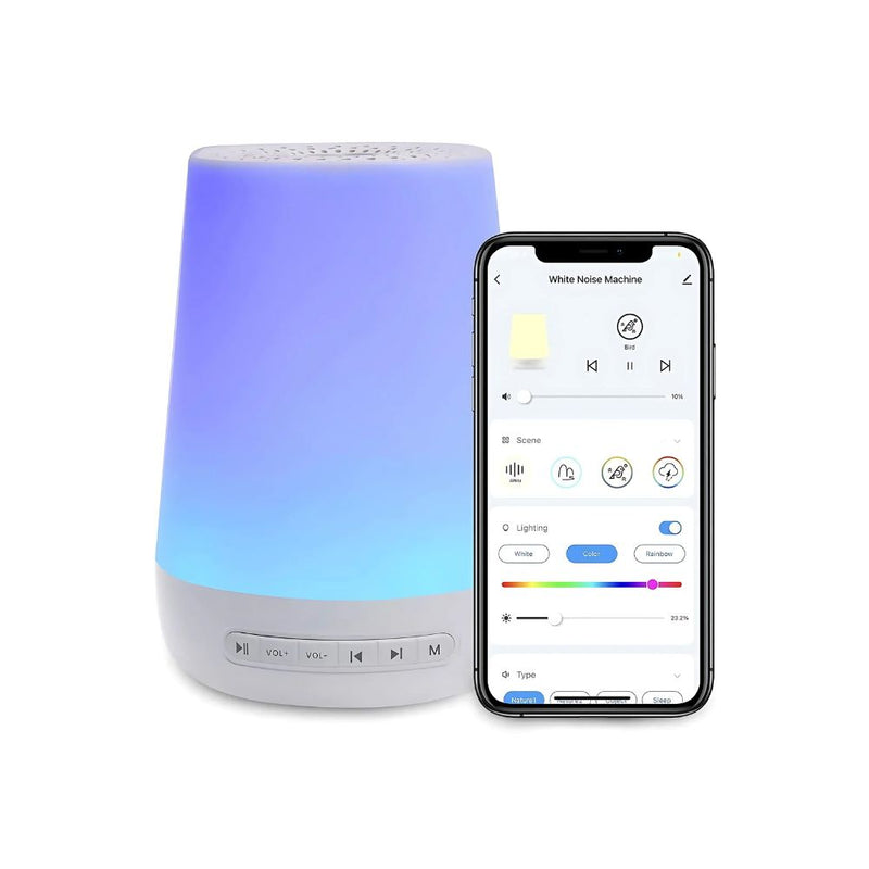 White noise machine with mobile app control, light customization, and sound options for better baby sleep.
