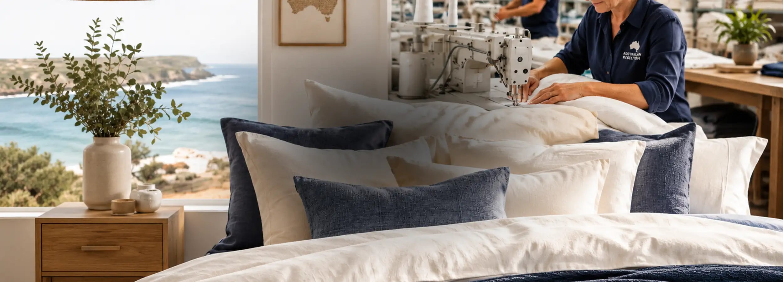 Australian made bedding collection styled in a modern coastal bedroom