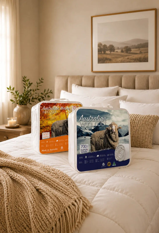 Australian made Merino Wool Quilts in a premium bedroom setting with natural warmth and comfort