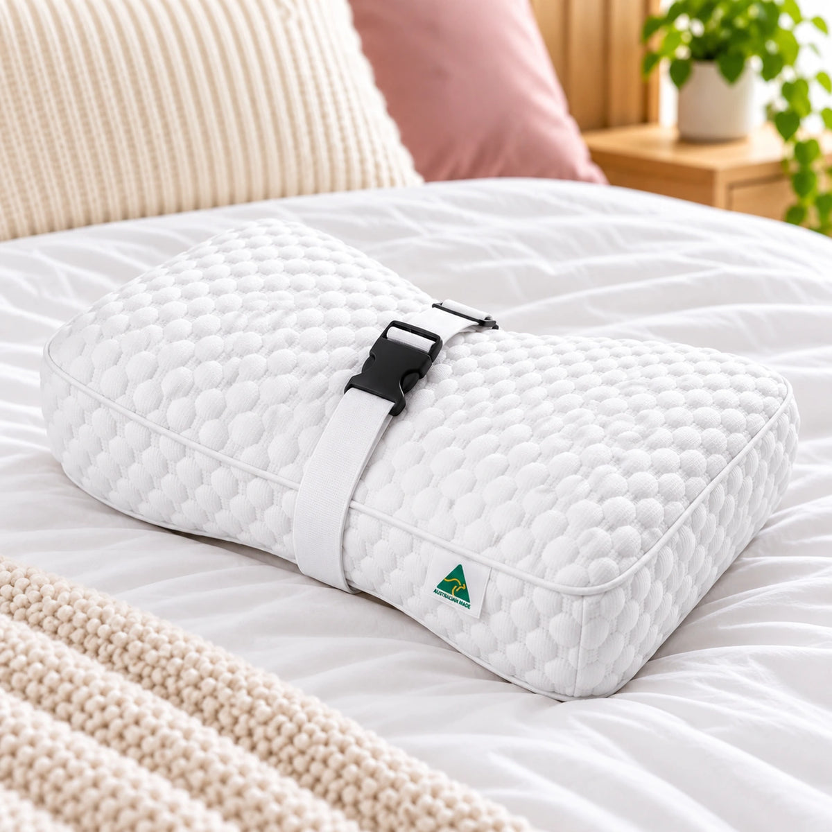 Australian Made cooling knee and leg pillow with textured cover and strap