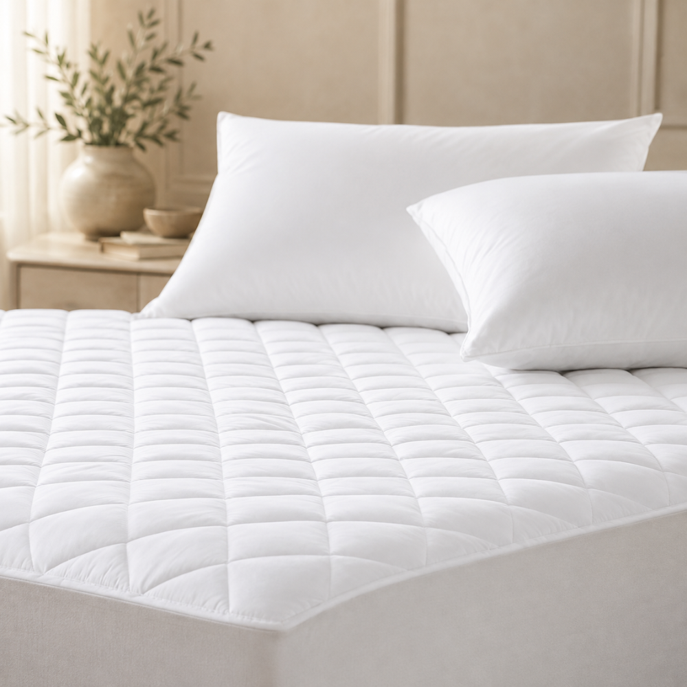 Australian made cotton mattress protector styled on a bed with premium bedding