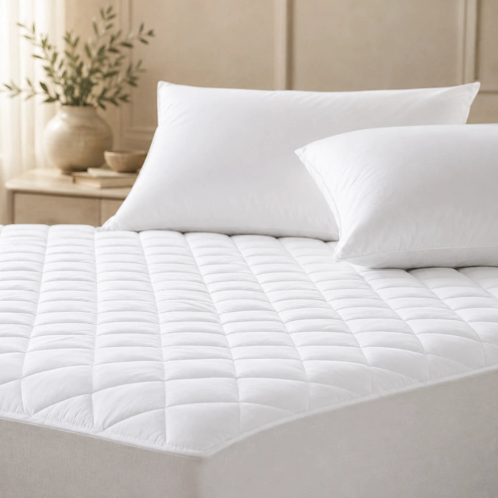 Quilted mattress protector with matching pillows creating a luxurious sleep space