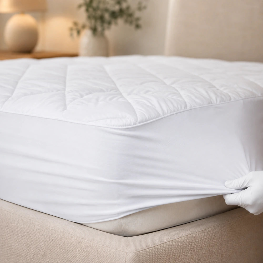 Fully fitted mattress protector securely fitted over a deep mattress